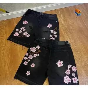 Streetwear Men Women Jean Shorts Harajuku Cherry Blossom Graphic Embroidery Baggy Shorts Y2K Goth Fashion Raw Edge Denim Shorts drink beach short Menswear Pants Womenswear Bottom Trouser 2_Gold