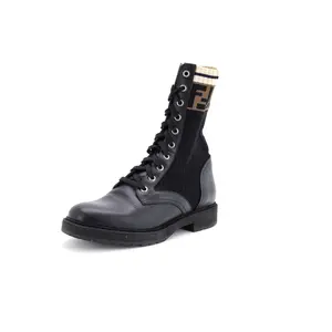 Pre-owned Fendi Women's Rockoko Combat Boots Leather with Knit Stretch Fabric and Zucca Trim by Rebag