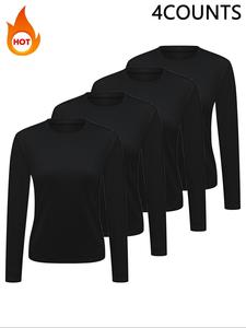 women's solid long sleeve thermal lined tee, casual round neck t-shirt for fall & winter, ladies clothes for daily wear, cute tops, womenswear,  going out tops