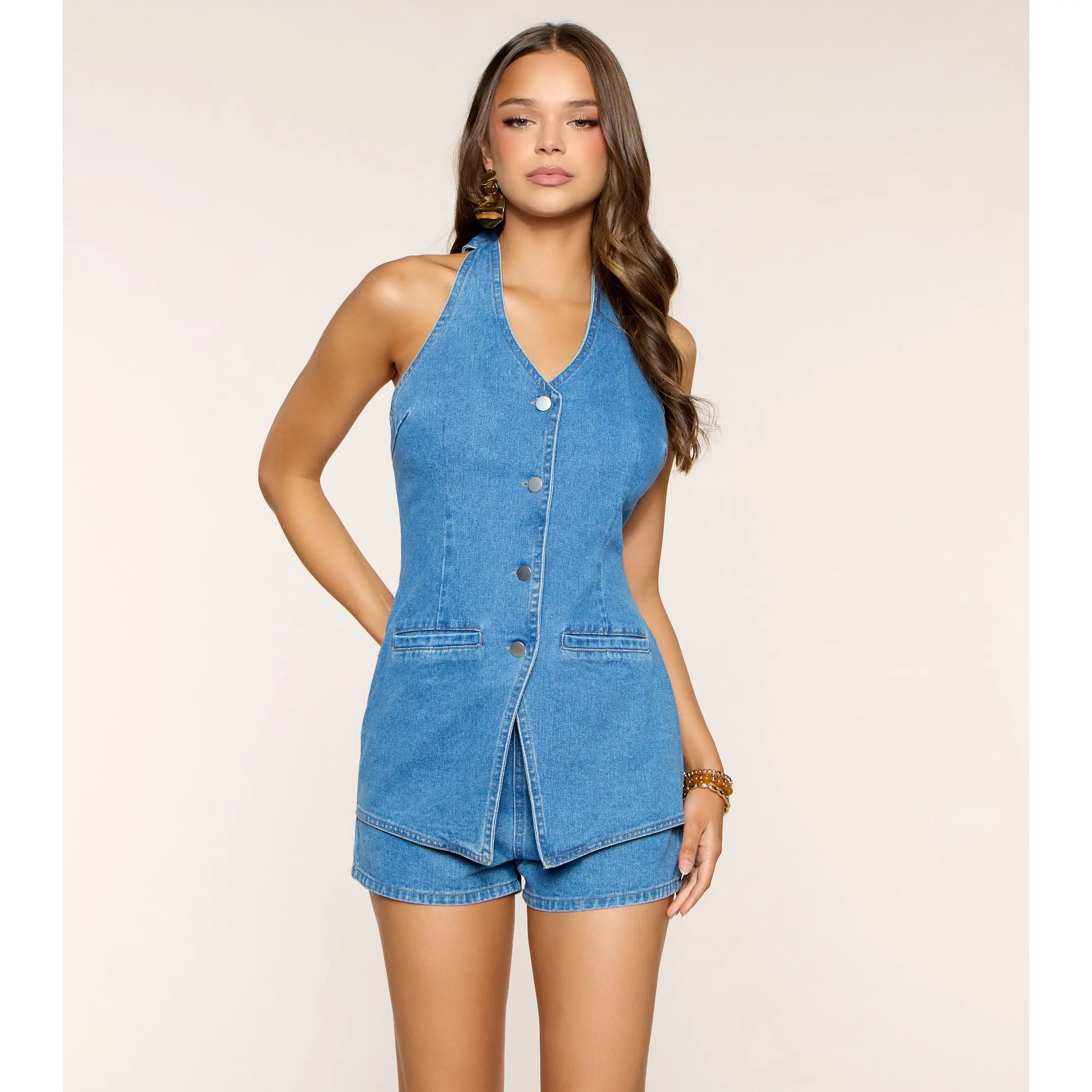 Effortlessly Styled Denim Halter Romper