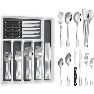 53PCS Silverware Set for 8 with Flatware Drawer Organizer Stainless Steel Cutlery Set with Steak Knives Include Spoons Forks Set Serving Utensils Mirror Polished Dishwasher Safe