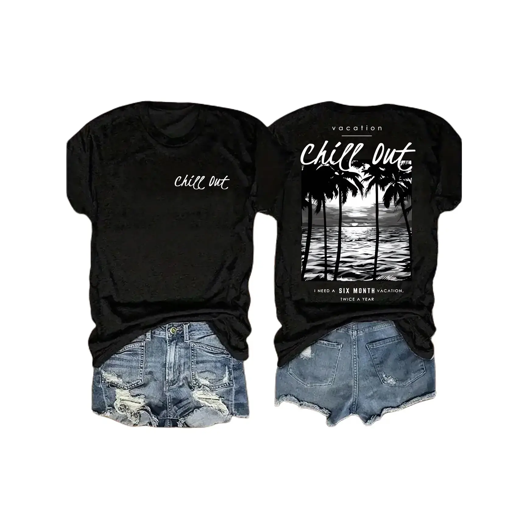 Ocean View Palm Tree Graphic T-Shirt, Cute Oversized Crew Neck Outfit, Comfort Casual Vacation Fashion Tee, Perfect Valentine's Day Gift For Her breathable top summer