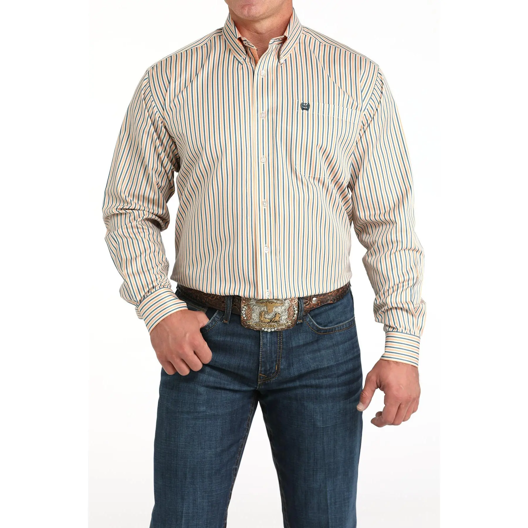 Cinch Men's Tencel Cream Stripe Print Button Down Long Sleeve Shirt