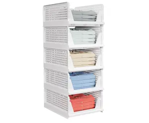 5 Pack Stackable Closet Storage Basket, Multifunctional & Foldable Closet Organizer for Bathroom Kitchen Laundry Room Wardrobe Storage, Space-Saving Clothes Storage Drawer Organizer, White