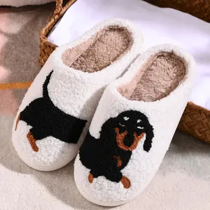 1 pair of new autumn and winter style comfortable thick-soled anti-slip spliced Dachshund cute animal cute versatile casual simple individual home plush warm gathering family large-sized slippers for both men and women White