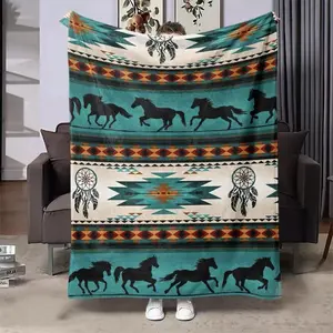 Western Native Style Horse Dreamcatcher Geometric Flannel Blanket, Vintage Ethnic Decorative Throw, Lightweight All Seasons, Home & Travel Use, Blanket Gifts