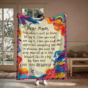 Gift For Mom Flannel Throw Blanket, Dear Mom Letter From Daughter Son Rainbow Map Airplane Pattern Soft Cozy Blanket, Warm For Living Room Bedroom Office Nap, Mother's Day Birthday Gift For Mom, Long Distance Hug Keepsake Decor
