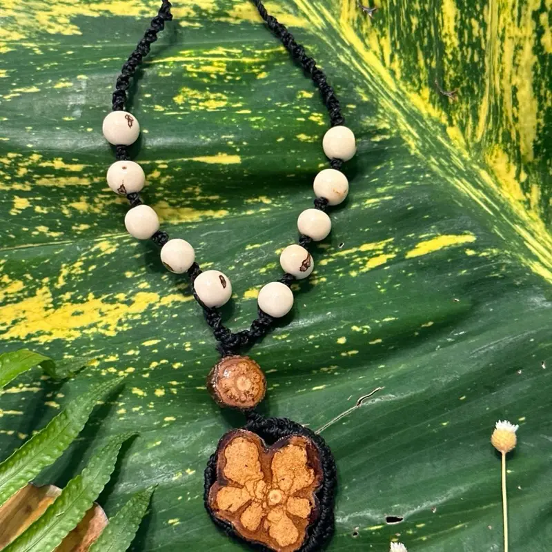 Ayahuasca Flower Pendant Necklace Handmade with Natural Seeds & Sacred Wood Amazonian Spirit Jewelry Adjustable Cream Macramé Thread Unique Peruvian Amazon Design 12