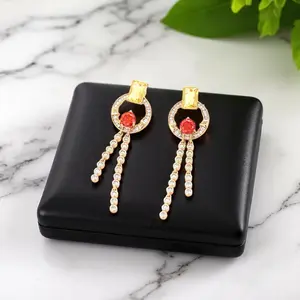 Unique Rose Gold Tassel Earrings with Yellow & Red Crystals