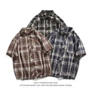 Vintage Brushed Plaid Short Sleeve Shirt for Men 2025 Summer New Plus Size Turn-down Collar Hong Kong Style Loose Shirt Jacket