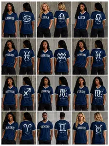 Navy Zodiac V-Neck Soccer Jersey Shirt - Unisex Athletic Varsity Top with Silver Constellation Graphic, Fabric Tee, 12 Horoscope Signs Gift for Men Women