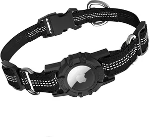 Airtag Dog Collar Holder, HUAZHUN with Apple Airtag Holder Adjustable Airtag Pet Collar with 1 Pcs Transparent Protective Film, Heavy Duty Dog Collar for Small Medium Large Dogs (15.75"-18.9") HUAZHUN