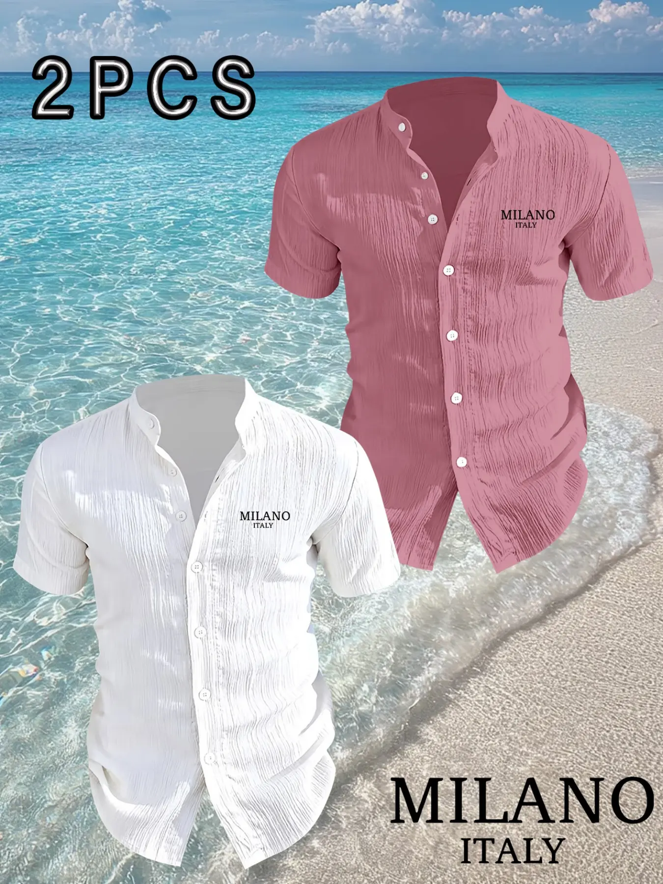 Men's Milan Italian Geometric Print Stand Collar Shirts, 2-Pack Casual Comfy Collared Short Sleeve Open Front Tops, Summer Beach Vacation Men's Shirts, Casual Party Shirt, Casual Apparel