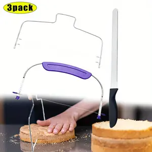 3 Pieces Kitchen Baking Tools, Adjustable Cake Levelers, Double Wire Cake Slicer Levelers and Stainless Steel Knife with Plastic Handle for Wedding Birthday Leveling and Molding
