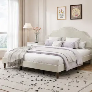 ARCH King Size Bed Frame Upholstered Platform Bed with Adjustable Headboard Linen Fabric Padded Modern Simple Style No Box Spring Needed Easy Assembly Beige Bedroom Furniture, King Size Options, Beige/King/Linen/Plywood Color Options