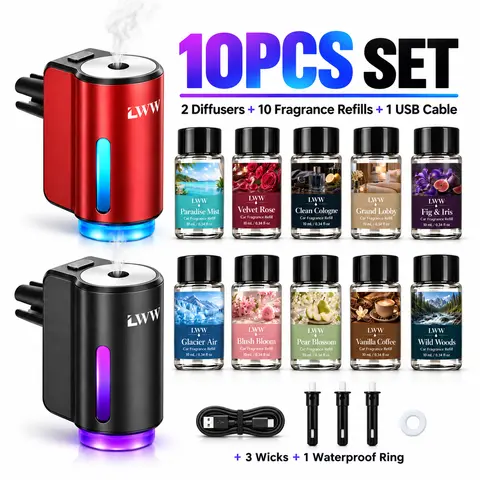 LWW Upgraded Smart Car Aroma Diffuser Set - French Essential Oil Diffuser, 3 Intensity Levels, 10x100ml Bottles, Extended Use Car Interior Accessories to Enhance Environment for Home & Travel