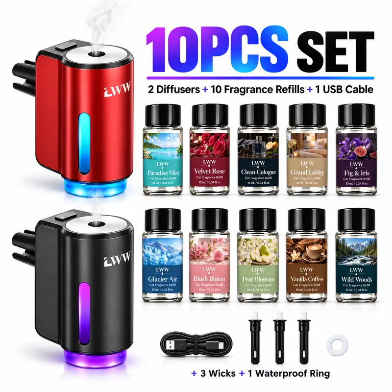 LWW Upgraded Smart Car Aroma Diffuser Set - French Essential Oil Diffuser, 3 Intensity Levels, 10x100ml Bottles, Extended Use Car Interior Accessories to Enhance Environment for Home & Travel