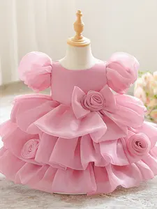White Baby Girl Clothes 3D Flower Pink Infant Christening Cocktail Bow Puffy Toddler Outfit Baptism Pageant Birthday Party Ball Gown Princess Dress for all Season 6 Months to 3 Years