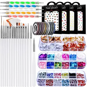 Nail Art Brushes Kit, 3D Nail Art Decorations Kit with Nail Dotting Tools Butterfly Nail Art Glitters Stickers Nail Art Rhinestones, Nail Foil, Nail Art Striping Tapes Nails Design Kit springtok