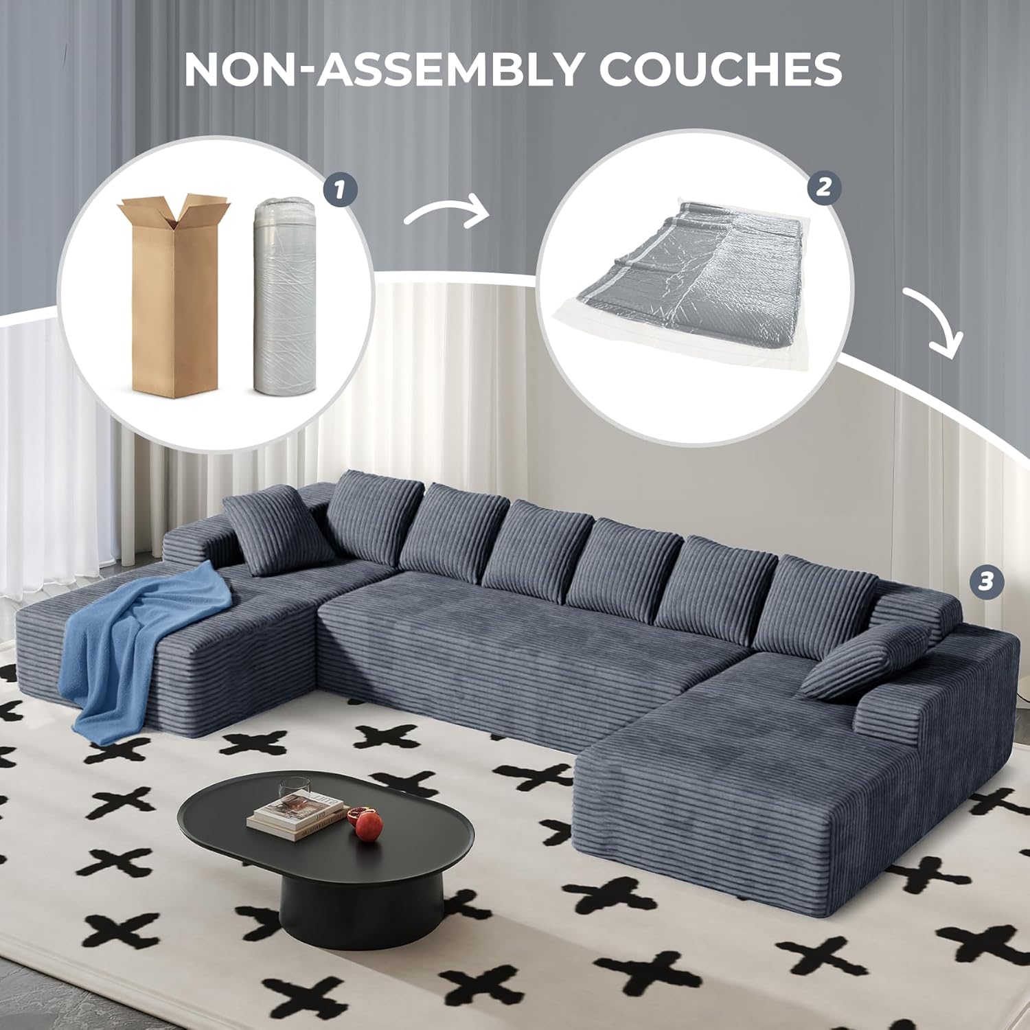133" U Shape Cloud Couch Plus Sectional Sofa with Chaise Modern Modular Sofa with 7 Soft Pillows & Lounge Chairs Boneless Upholstered Couches for Living Room Bedroom Plush Corduroy Fabric U-Shaped Bed