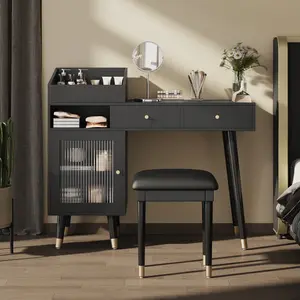 Black Space-Saving Vanity Desk, Makeup Dressing Table with 2 Drawers, Storage Cabinet & Charging Station (2 Outlets+2 USB)