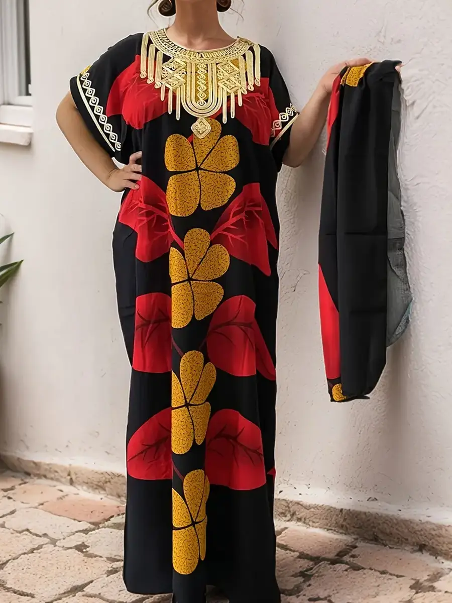 Elegant Floral Print Round Neck Batwing Sleeve Embroidered Robe, Plus-Size Women's Elegant Robe with Matching Color Headscarf Included