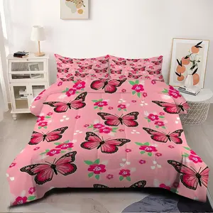 2/3Pcs Pastel Pink Floral and Butterfly Comforter Set, Cute Feminine Bedding Set with Monarch Butterflies, Soft Sleep Experience, Perfect for Stylish Bedroom Decorations and Cozy Nights1 or 2 Pillowcase No Pillow Core