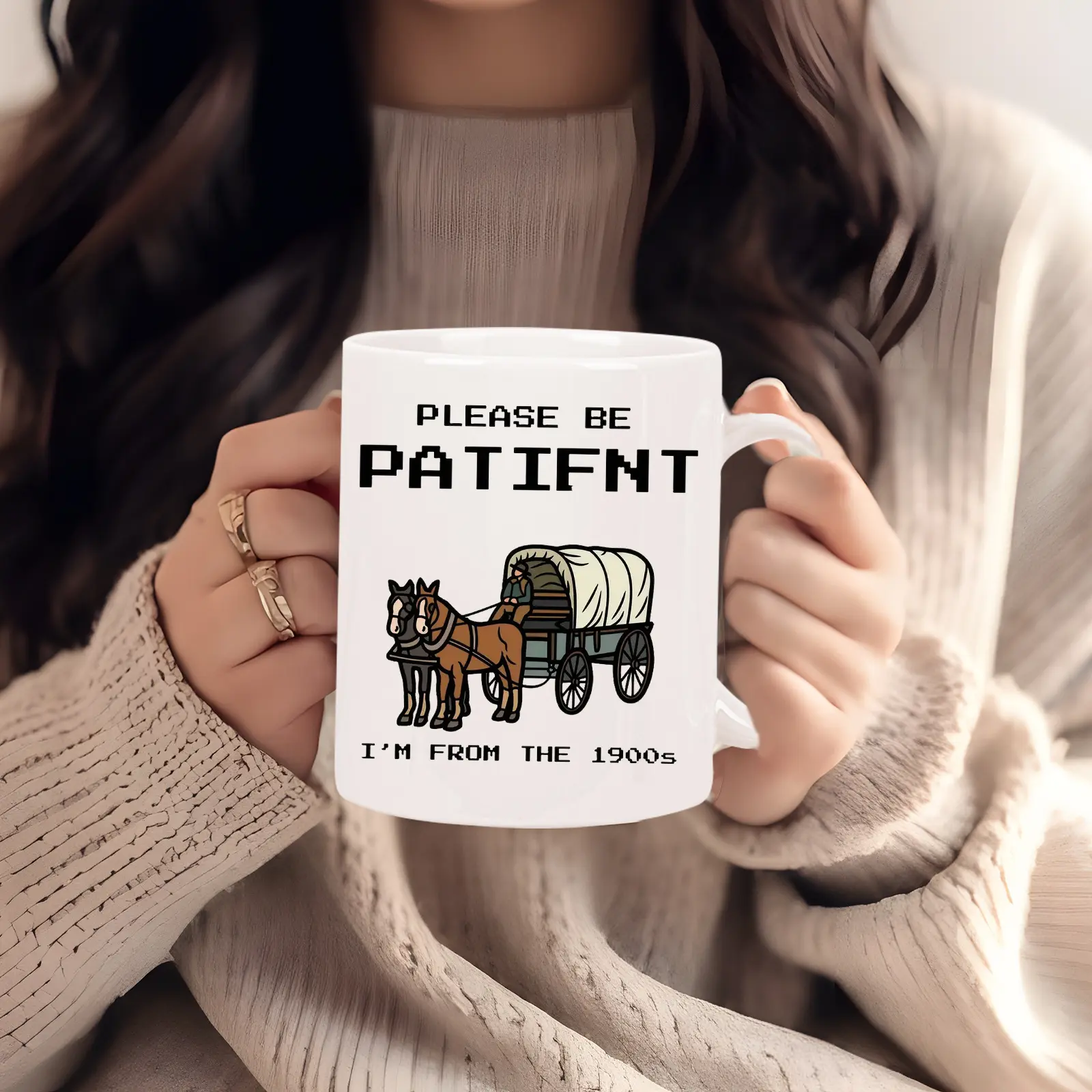 Vintage Wagon & Horse Ceramic Coffee Mug - "Please Be Patient I'm From The 1900s" Printed, Durable, No Assembly Required, Perfect Gift for History Buffs & Western Enthusiasts, Humorous Mug |   Nostalgic Drinkware |   Quality Print Mug, Coffee Bar Accessor