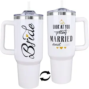 Bride Tumbler 40 Oz, Bride Gifts for Wedding Day, Bachelorette Party Gifts for Bride, White Bride Cup Water Bottle Tumbler with Straw and Lid, Stainless Steel 40 Oz Tumbler with Handle and Straw