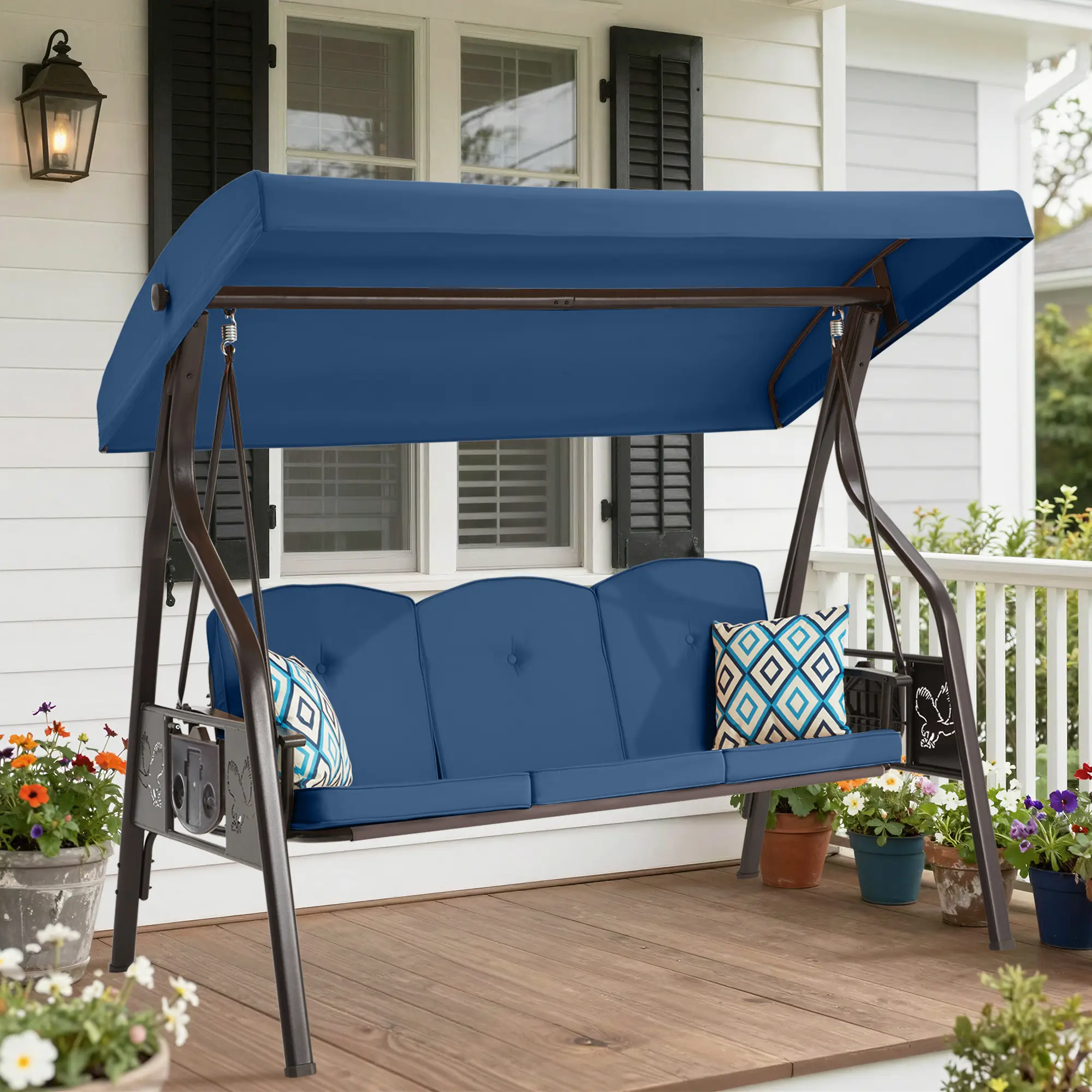 【Summervibes】ZZWHOM Outdoor Porch Swing with Canopy – Heavy Duty 800 lb Capacity, 3‑Seat Patio Swing Bed, Adjustable 45° UV/Weather‑Resistant Canopy, Thick Foam Cushions & Pillows, Anti‑Rust Frame – Converts to Lounger