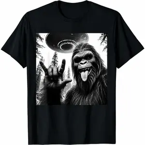 Premium Soft Cotton Unisex Funny Black White Bigfoot Sasquatch UFO Rock Hand Gesture Crew Neck Graphic Print Tee summerwins