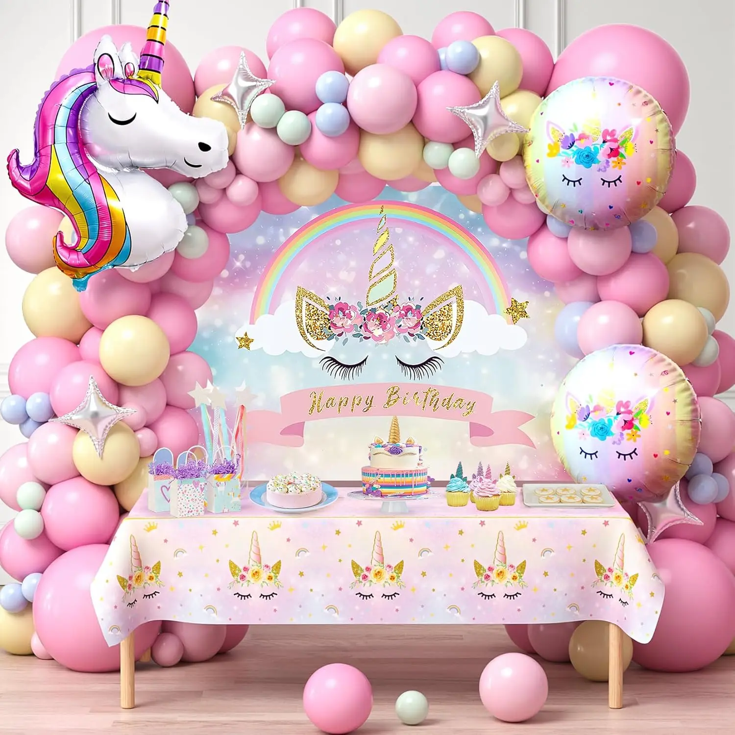141Pcs Unicorn Birthday Party Kit – Pink Balloon Garland, Backdrop, Tablecloth & Foil Balloons for Girls’ Princess or Rainbow Theme Celebration