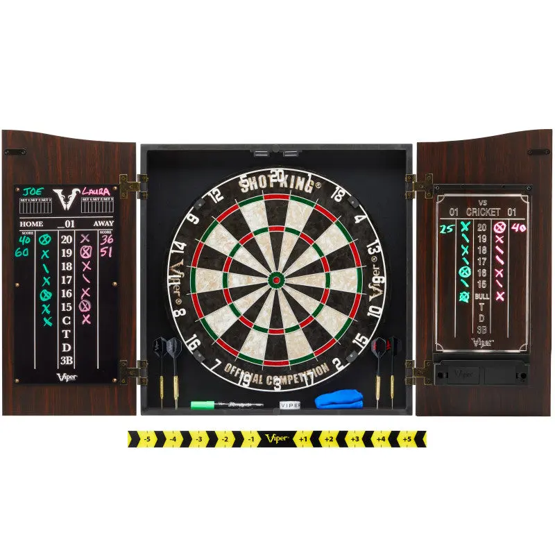 Deluxe Walnut Finish Dartboard Cabinet Set - 17.75 Inches Standard Size Regulation Sisal Darts Board, Lighted Scorer Light-Up Illumination, Dual Dry Erase Boards, Easy Setup