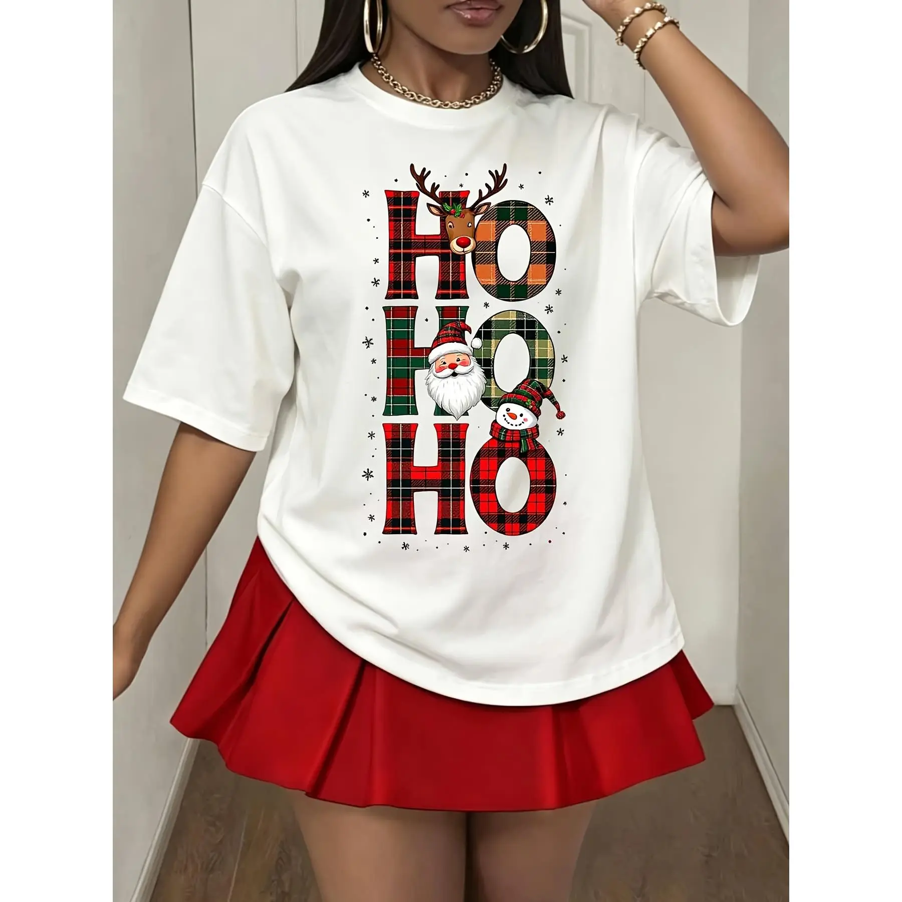 Women Christmas Ho Ho Ho Plaid Reindeer Santa Snowman Graphic Tee, Festive Holiday Short S