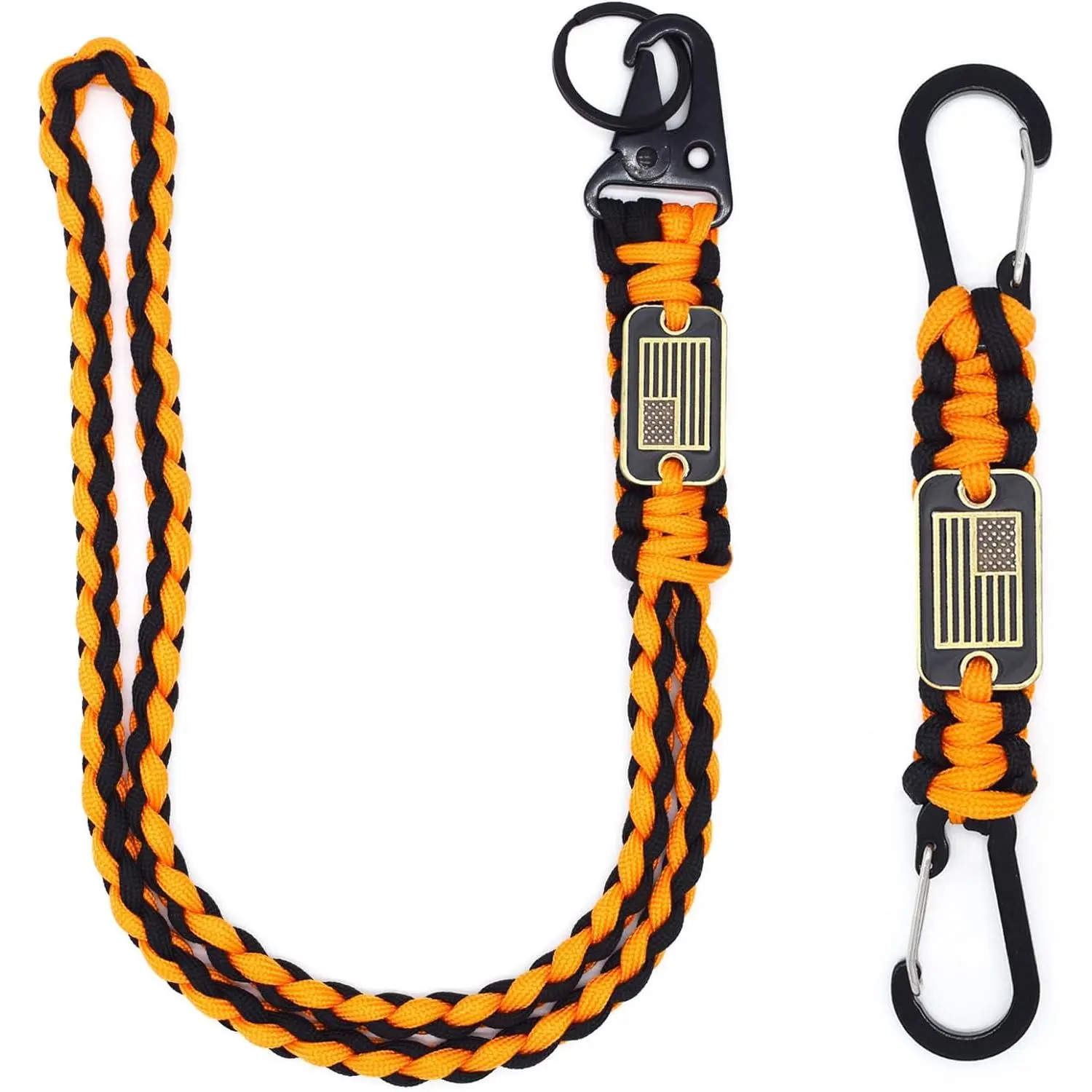 2-Pcs Black Synthetic Lanyard Necklace for Adults - Heavy-Duty 550 Paracord, Flag Design, Office ID Badge Strap, Keychain for Outdoor Activities, Christmas