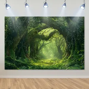 1PC,2D Flat Festival Decoration Door Banner, Mysterious Dreamy Forest - Themed Tapestry, Ancient Trees Covered with Moss and Vines, Creating a Natural Green Atmosphere, Wall Decor Hanging for Indo