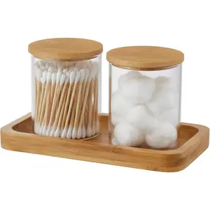 Glass Qtip Holder with Vanity Tray, Apothecary Jars Bathroom Accessories Bathroom Canisters Organizer Countertop Q Tip Holder for Cotton Ball Round Swab Pad Hair Ties Floss Perfume Jewelry