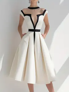 Women's Elegant Commuter Casual Valentine's Day Colorblock Mesh Patchwork Deep V Shoulderless Pocket Waist Cinched Flared Maxi Dress Formal