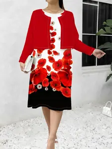 Plus Size Two-Piece Dress Set + Vintage Floral Cardigan, All over Print, Casual Elegant Style, Spring & Fall Fashion