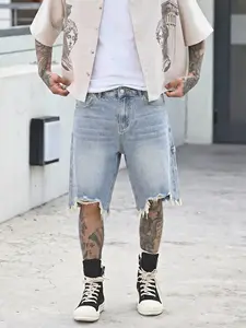 Men's American vintage washed light blue natural waist plain denim shorts, cotton frayed ripped denim shorts. Y2K streetwear street style, skate & hip-hop casual summer pants, perfect as a gift for your husband or boyfriend.