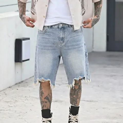 Men's American vintage washed light blue natural waist plain denim shorts, Menswear cotton frayed ripped denim shorts. Y2K streetwear street style, skate & hip-hop Casual Fashion Loose summer pants, perfect as a gift for your husband or boyfriend.