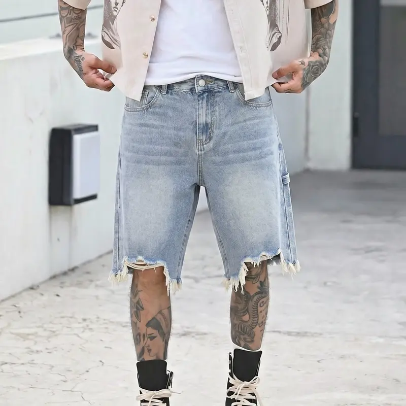 Men's American vintage washed light blue natural waist plain denim shorts, Menswear cotton frayed ripped denim shorts. Y2K streetwear street style, skate & hip-hop Casual Fashion Loose summer pants, perfect as a gift for your husband or boyfriend.