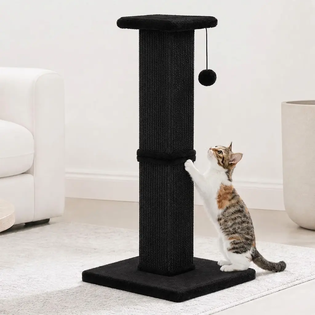 This 31" cat scratching post is made of natural sisal fiber, suitable for indoor use, and features a large, soft velvet base.