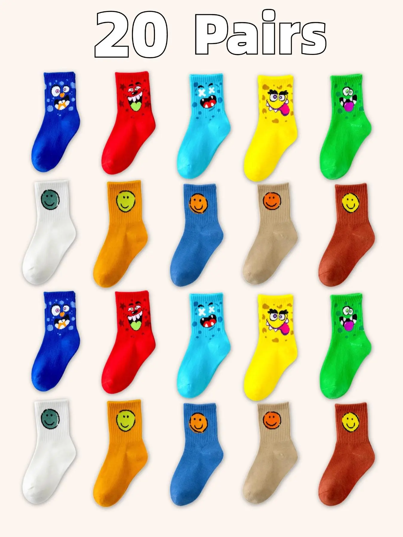 Cartoon Face Pattern Calf Sock, Casual Soft Socks, 20 Pairs Cute Soft Comfortable Breathable Sock for Boys & Girls, Kid's Children Sock, Youth Socks for All Seasons