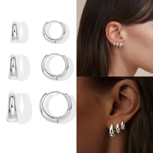 3-piece set of ladies' thick style small hoop earrings, hypoallergenic ear studs, 8/10/12mm size, lightweight and comfortable earrings, suitable for daily layering. accessories for women