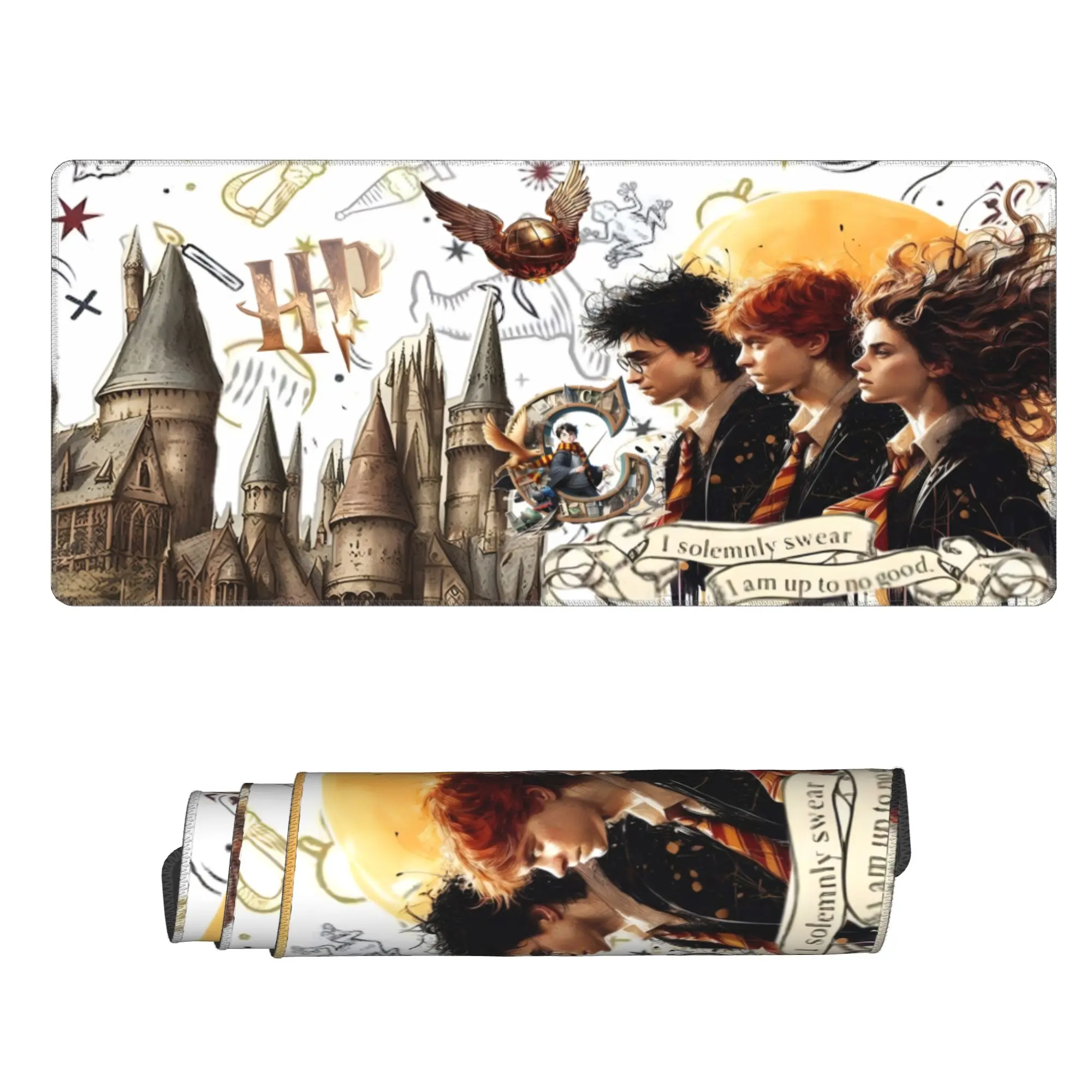 WB Harry Potter Gaming Mouse Pad, Hogwarts Castle Trio Character Golden Snitch Print Desk Mat, Non Slip Rubber Base Keyboard Mat, Stitched Edge Waterproof Desktop Pad Gift for Movie Fans