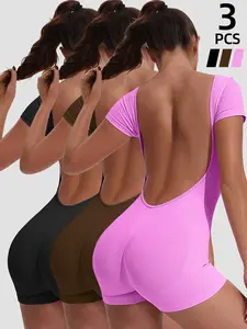 Multi-Use Sporty Backless Romper Set, High Elasticity Breathable Slim Fit, Yoga Running Gym Wear, 3-Piece Pack, All Seasons