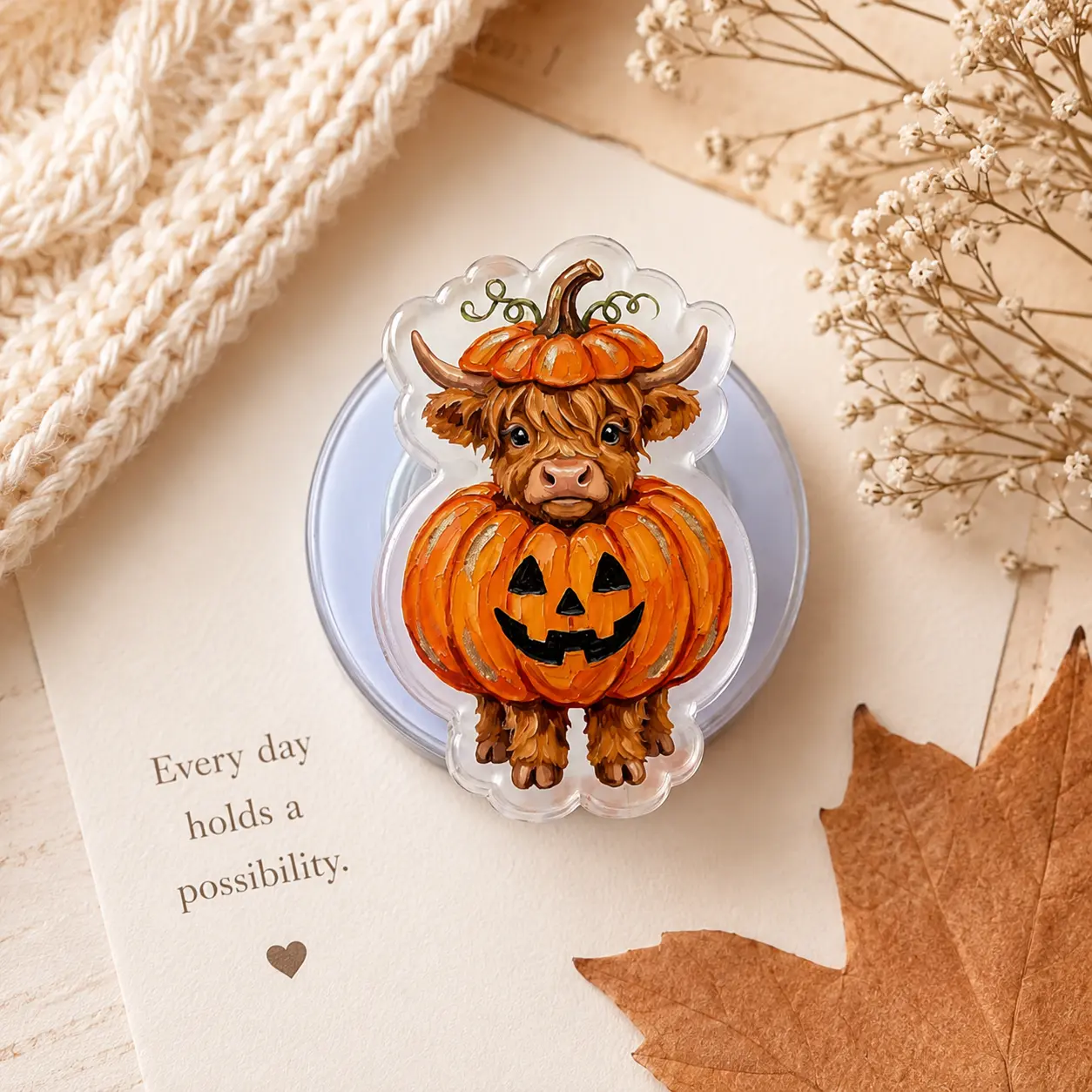 Highland Cow Pumpkin Magnetic Phone Grip, Cute Fall Cow MagSafe Phone Holder, Autumn Pumpkin Kindle Grip Stand, Halloween Cozy Phone Accessory Gift