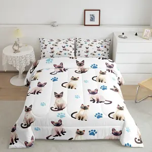 Cute Siamese Cats Bedding Set,Lovely Animal Pet Cat Paw Print Comforter Set,Cartoon Animal Cat Comforter,Soft Quilt Set for All Season