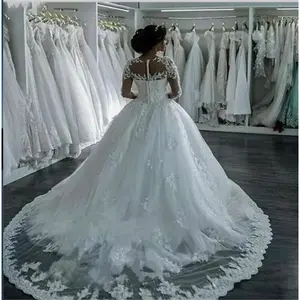 Ladies wedding dress lace appliques beaded ball gown wedding dresses long sleeves button bridal showers court train white womenwear Ball dress